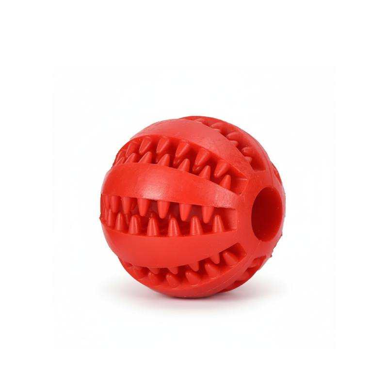 Durable rubber dog toy ball for chewing, teeth cleaning, and treat feeding