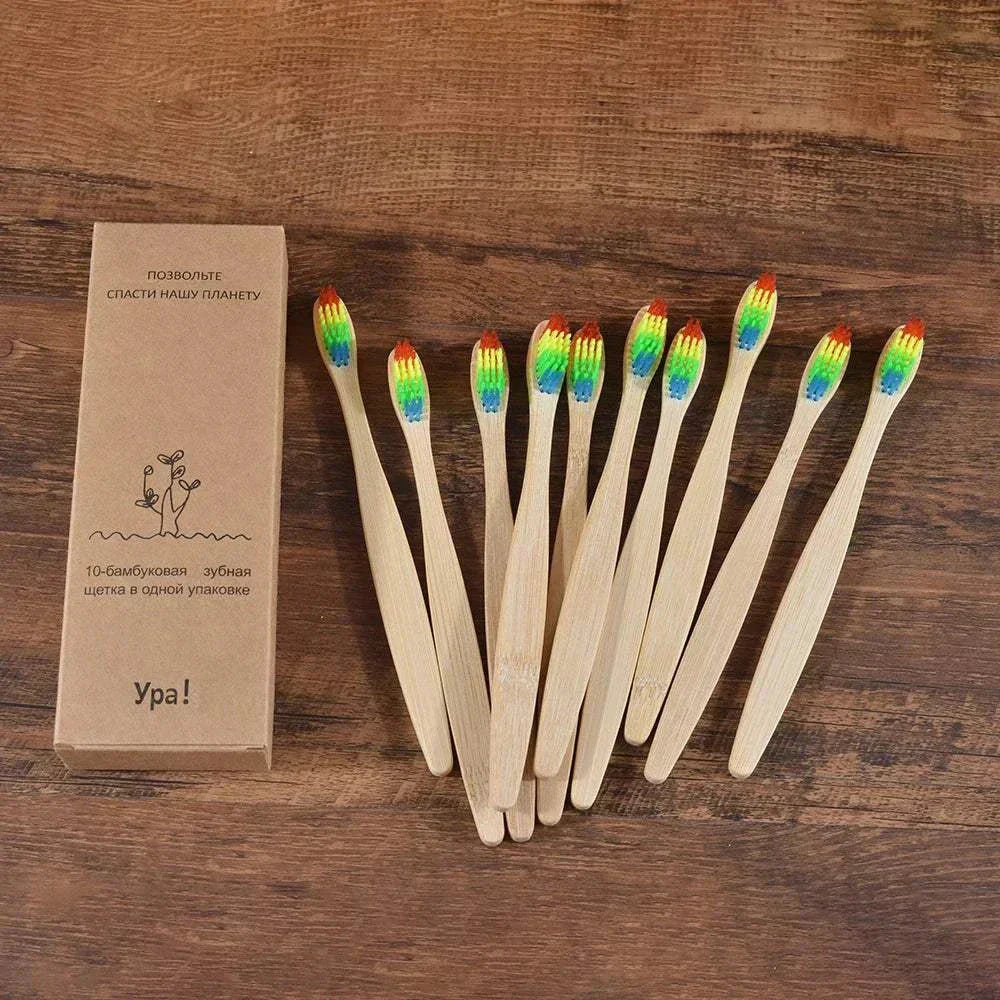 10-piece set of natural bamboo toothbrushes with black charcoal bristles eco-friendly and biodegradable