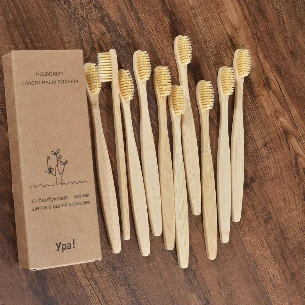 Natural bamboo toothbrush set with black bristles, eco-friendly and biodegradable handles