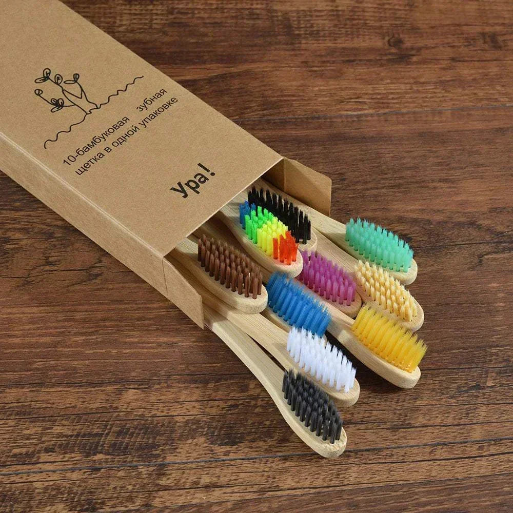 10-piece natural bamboo toothbrush set with black charcoal bristles and eco-friendly biodegradable handles
