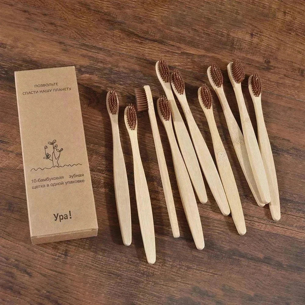 Set of 10 eco-friendly bamboo toothbrushes with black charcoal bristles for sustainable oral care