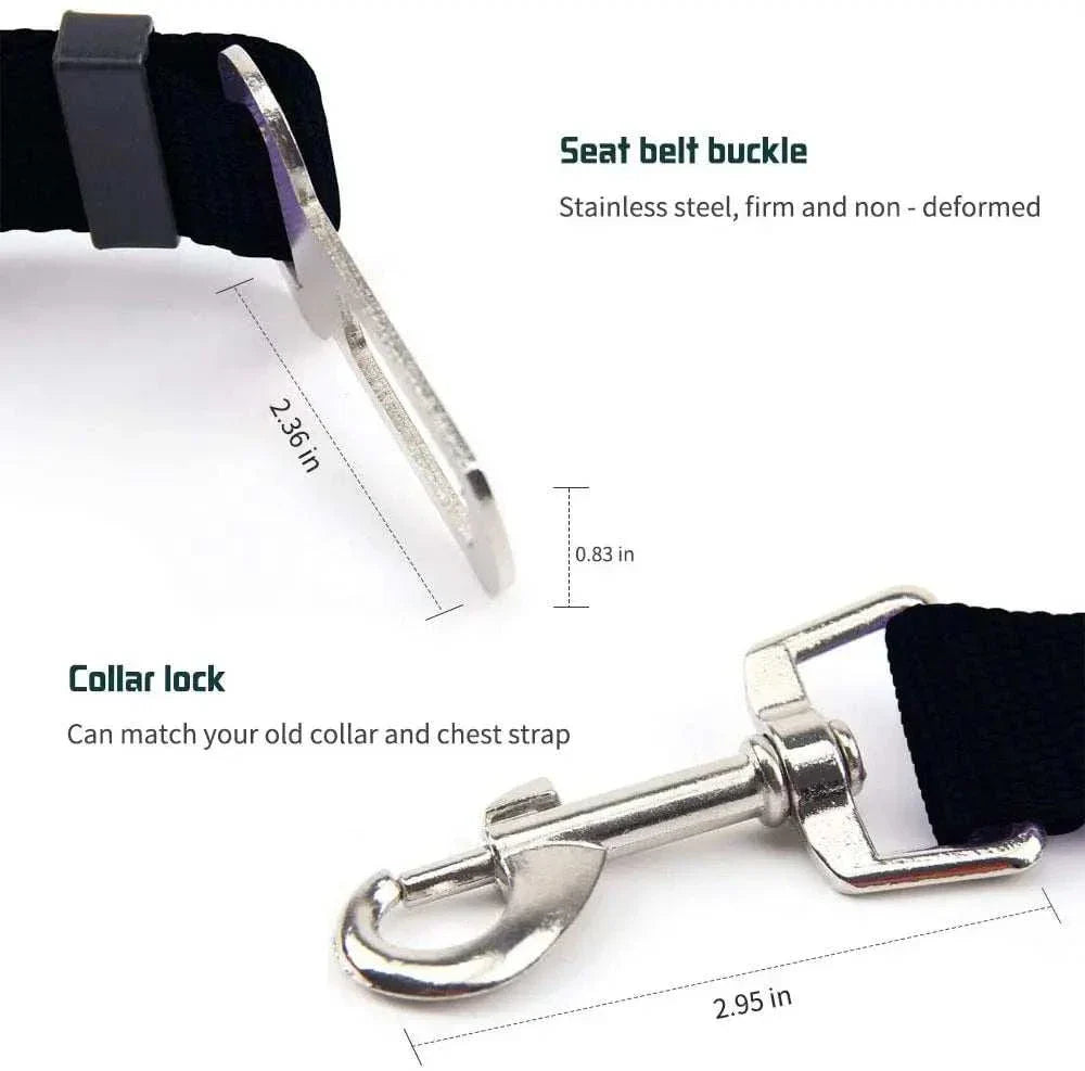 Adjustable pet car seat belt with nylon strap and metal clip for safe travel