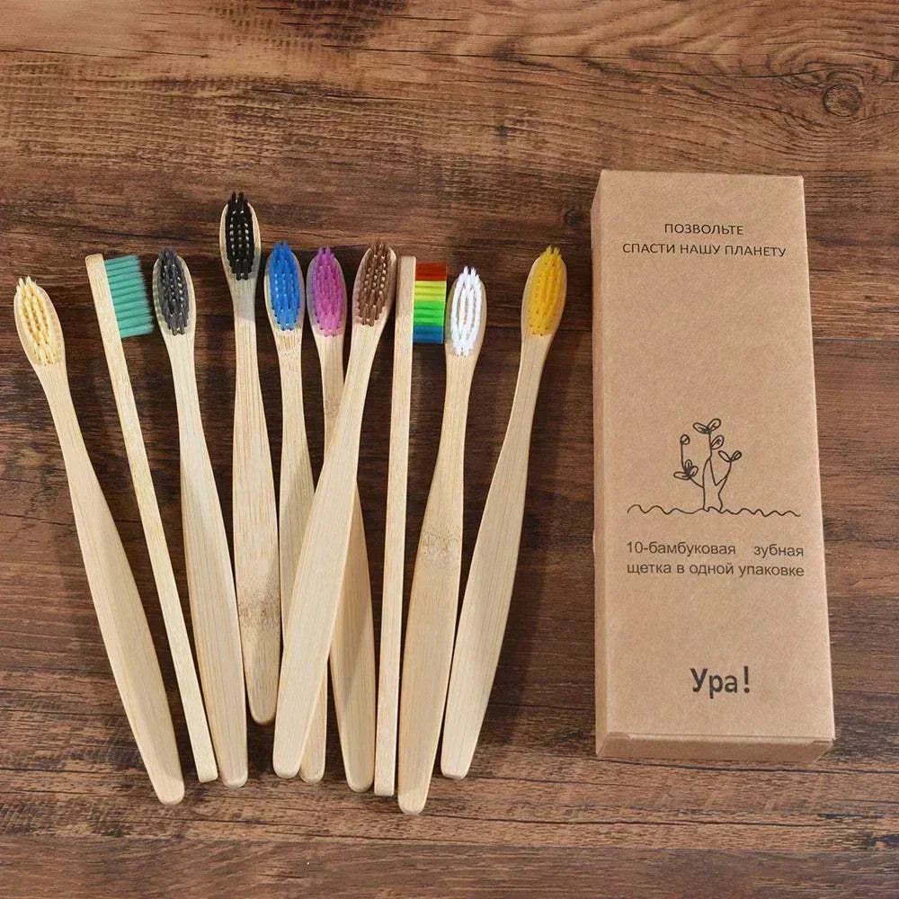 Set of 10 eco-friendly bamboo toothbrushes with black charcoal bristles for sustainable oral care