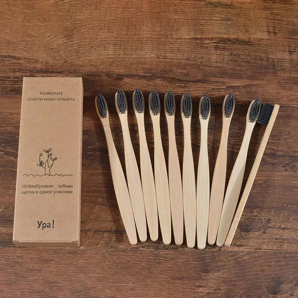 10-piece natural bamboo toothbrush set with black charcoal bristles for eco-friendly oral care