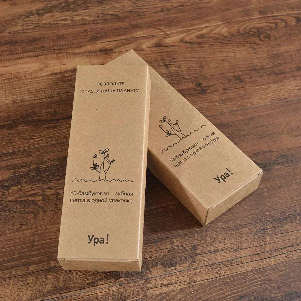 10-piece natural bamboo toothbrush set with black charcoal bristles and eco-friendly biodegradable handles