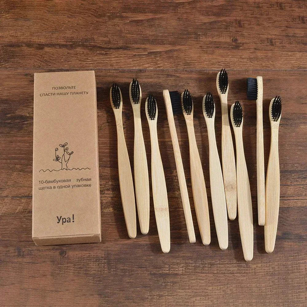 10-piece natural bamboo toothbrush set with black charcoal bristles, eco-friendly and biodegradable handles