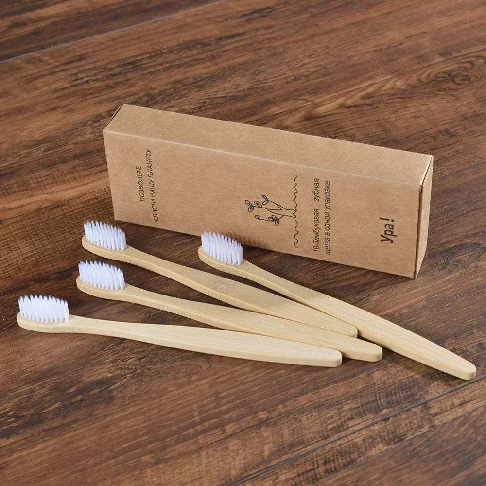 10-piece natural bamboo toothbrush set with black bristles, eco-friendly and biodegradable handles