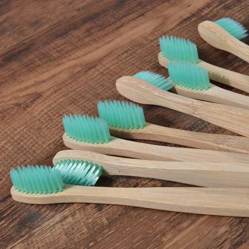 10-piece natural bamboo toothbrush set with black bristles, eco-friendly and biodegradable