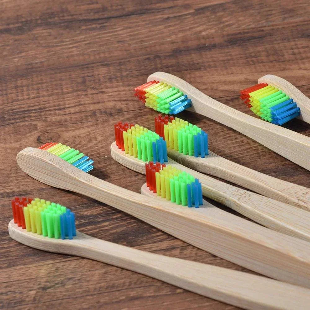 10-piece natural bamboo toothbrush set with black bristles, eco-friendly and biodegradable handles
