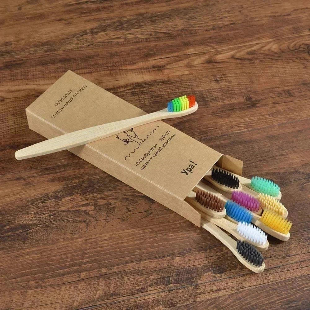 Set of 10 eco-friendly natural bamboo toothbrushes with black charcoal bristles