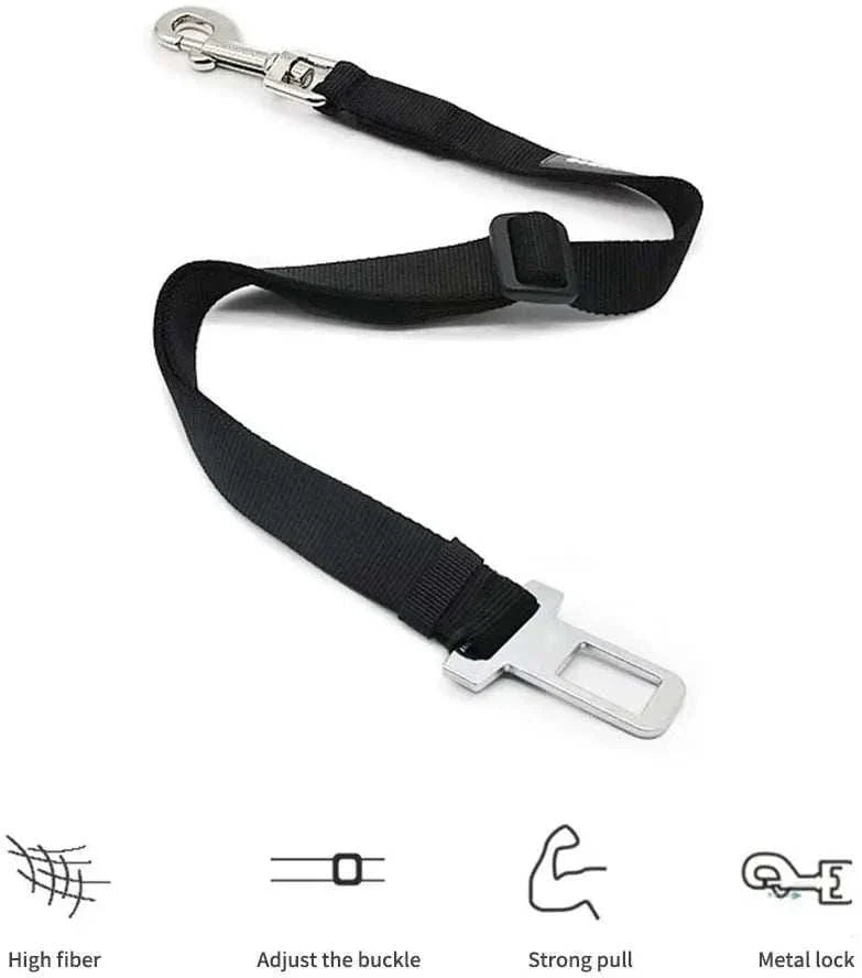 Adjustable pet car seat belt with nylon strap and metal clip for secure, comfortable travel restraint