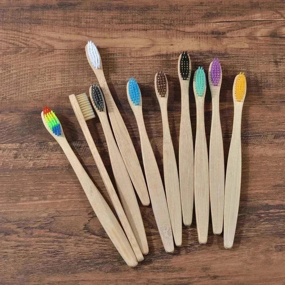 10-piece set of natural bamboo toothbrushes with soft charcoal bristles and eco-friendly biodegradable handles