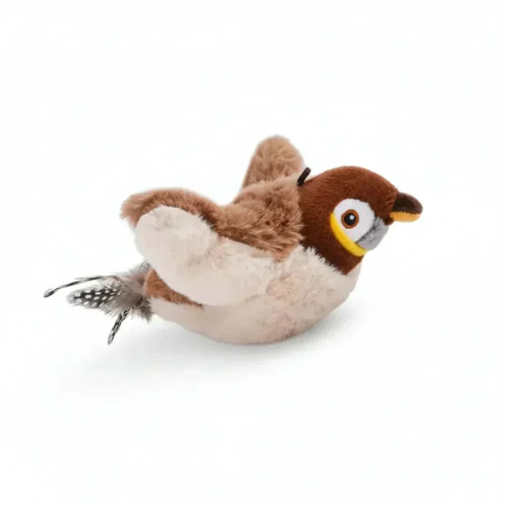 Multi-colored plush simulated bird cat toy with touch-activated chirping and flapping wings, rechargeable and safe for indoor pet entertainment