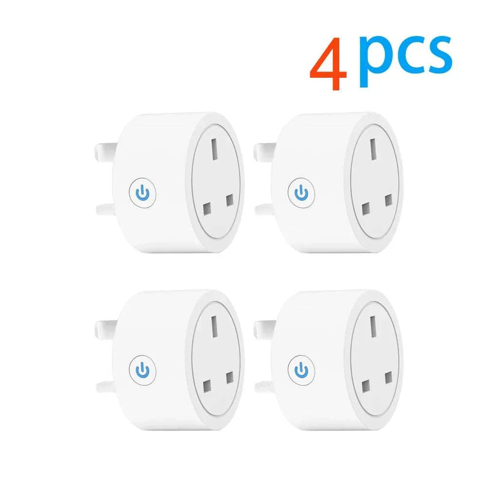 Set of 4 white 20A Tuya Smart Socket WiFi UK plug adapters with power button and Alexa voice control features
