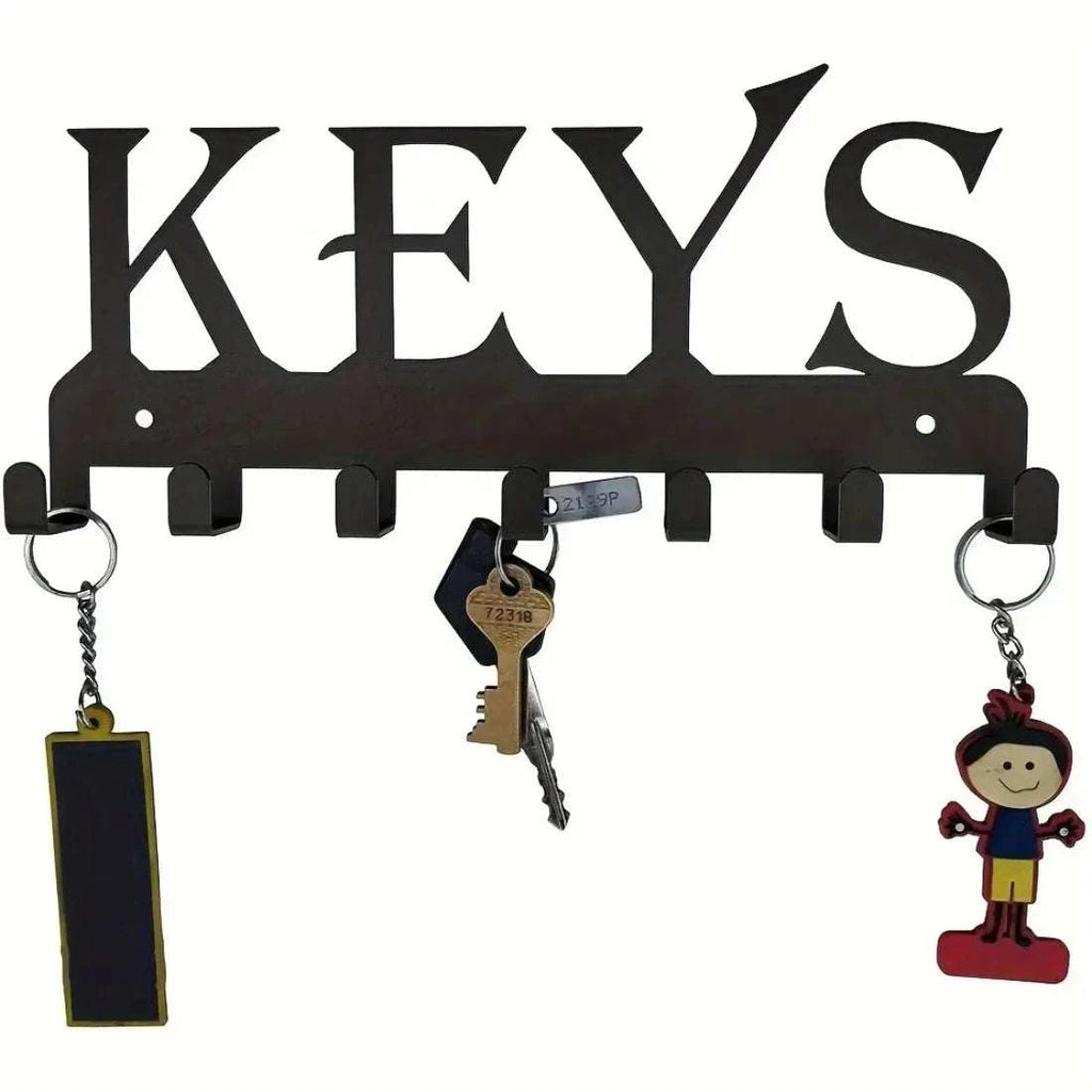 Wall mounted black metal key holder with hooks and "KEYS" text for organizing keys and small items