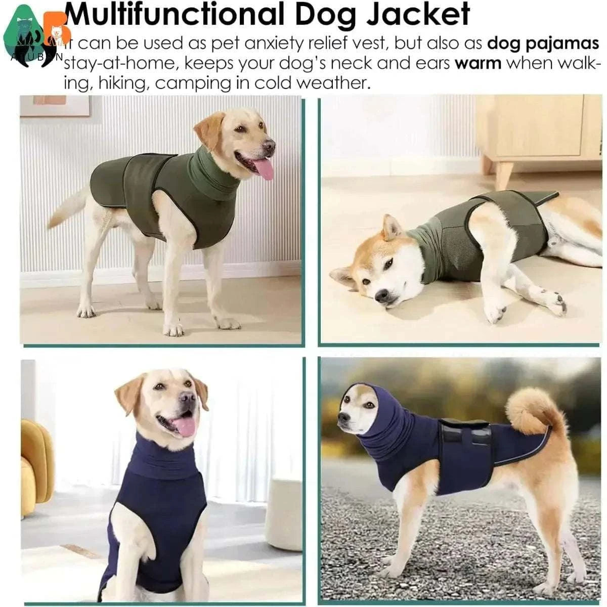 Dog wearing multifunctional anxiety vest and calming hoodie jacket for large dogs