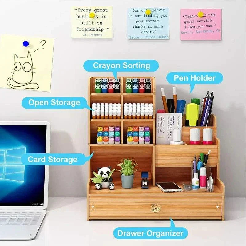 Wooden desk organiser with multiple compartments and drawer for stationery storage
