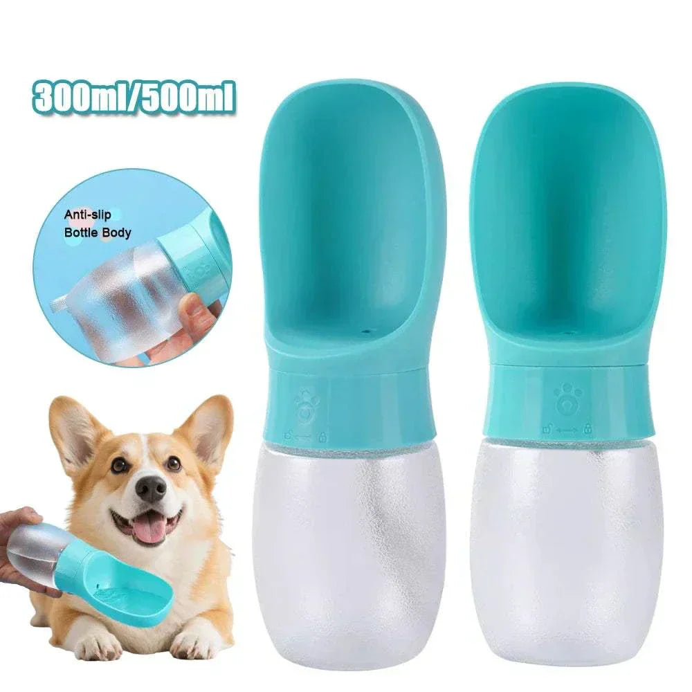 Portable dog water bottle with built-in drinking bowl, leak-proof design, 300ml and 500ml capacity, suitable for small to large dogs and cats.