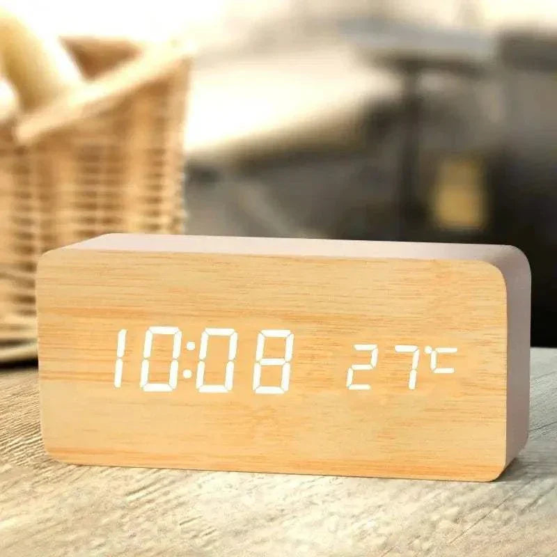 Wooden digital alarm clock with LED display showing time and temperature on a wooden desk Wooden Digital Alarm Clock