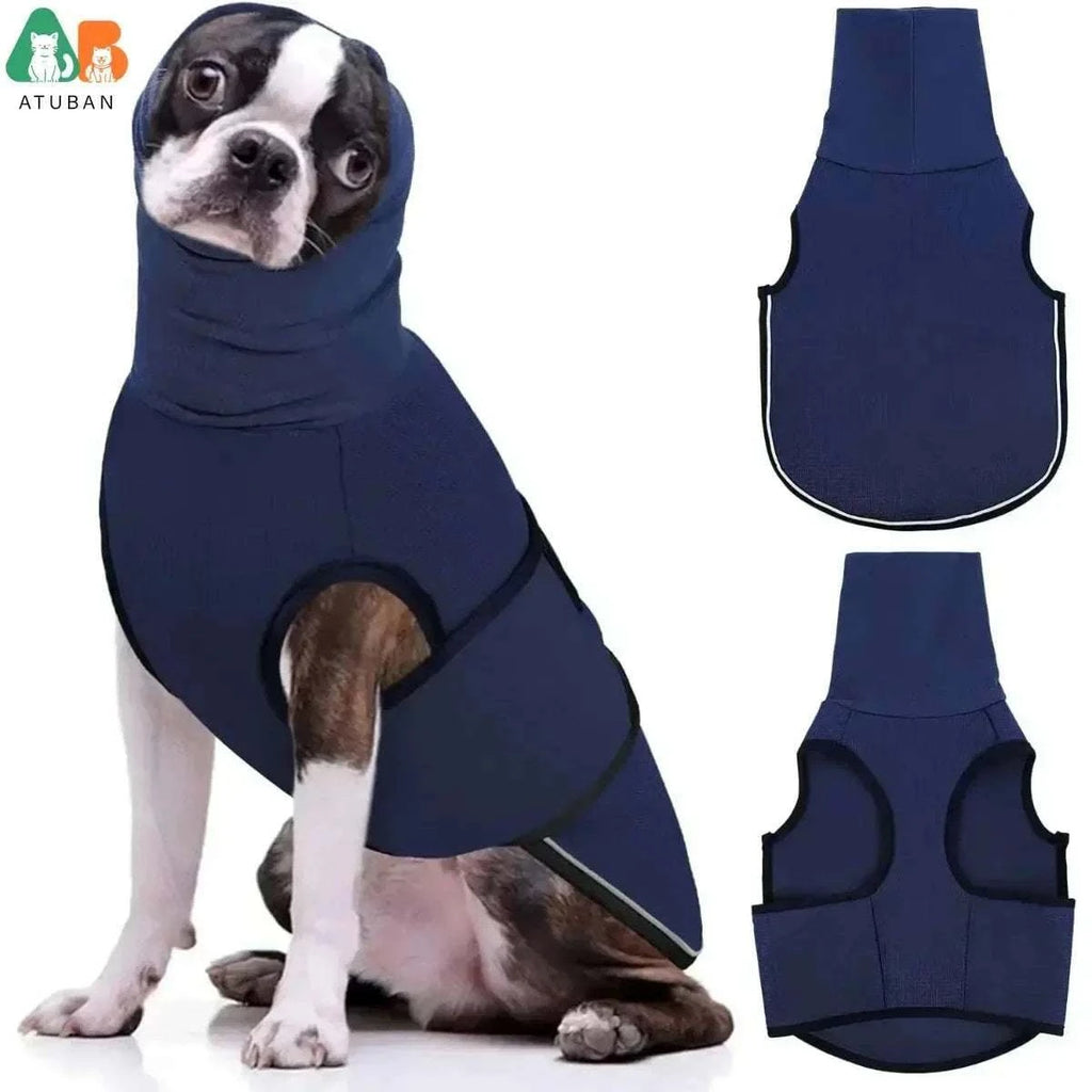 Large dog wearing navy blue dog anxiety vest with hoodie, calming thunder jacket with reflective strip for noise and anxiety relief