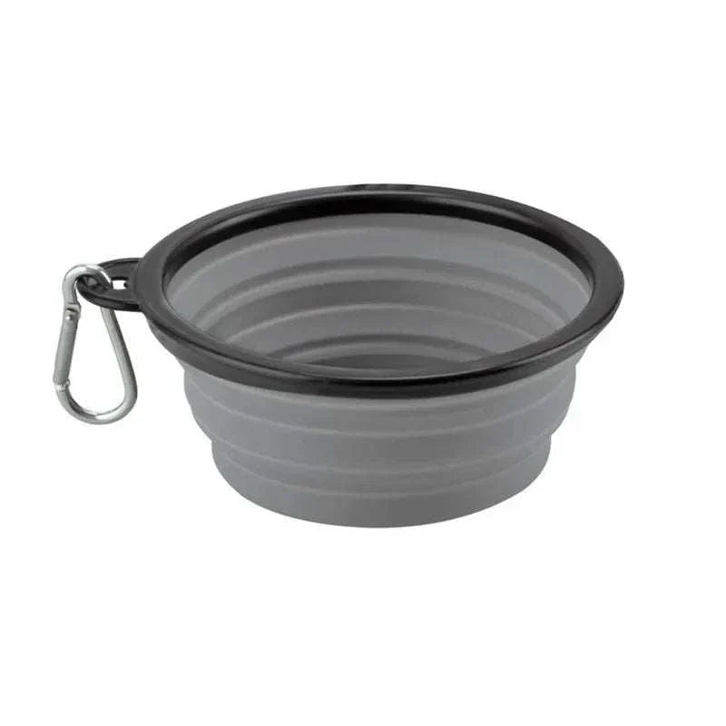Collapsible grey pet dog bowl with black rim and metal clip for travel and outdoor use
