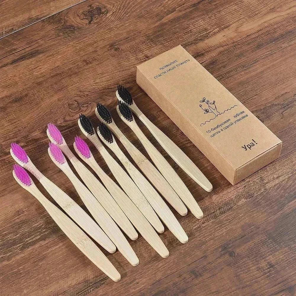 Set of 10 natural bamboo toothbrushes with black bristles, eco-friendly and biodegradable handles