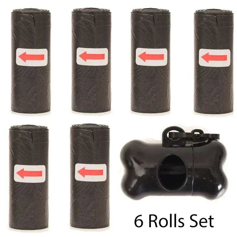 6 rolls black pet poop bags with bone-shaped dispenser and leash clip set