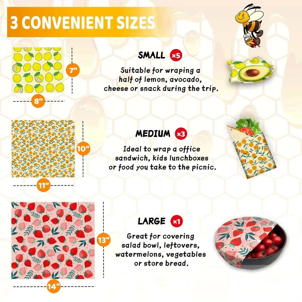 Beeswax food wraps set in small, medium, large sizes with lemon and strawberry patterns for reusable eco-friendly food storage