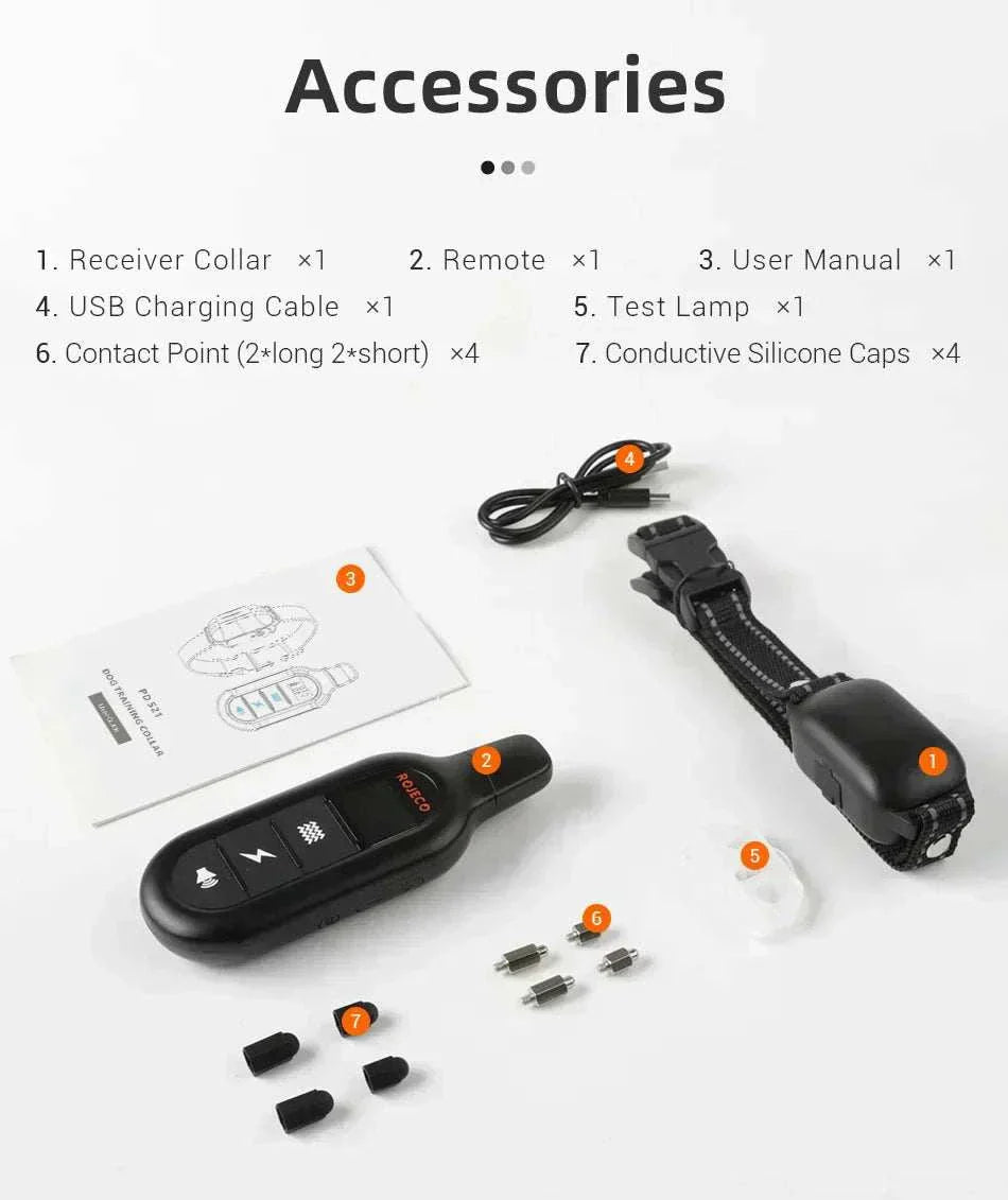 Electric dog training collar kit with remote control, USB cable, manual, test lamp, contact points, and silicone caps