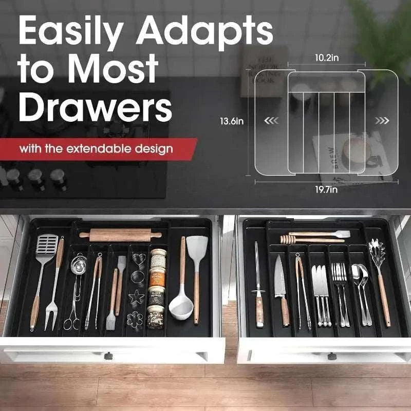 Adjustable pantry organizer expandable utensil drawer tray for kitchen forks knives silverware storage