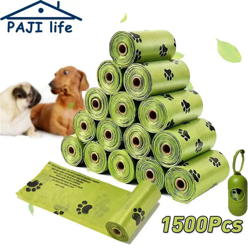 Biodegradable green dog poop bags with paw prints, leak-proof and scented, bulk pack with dispenser for pet waste cleanup.Dog Poop Bags