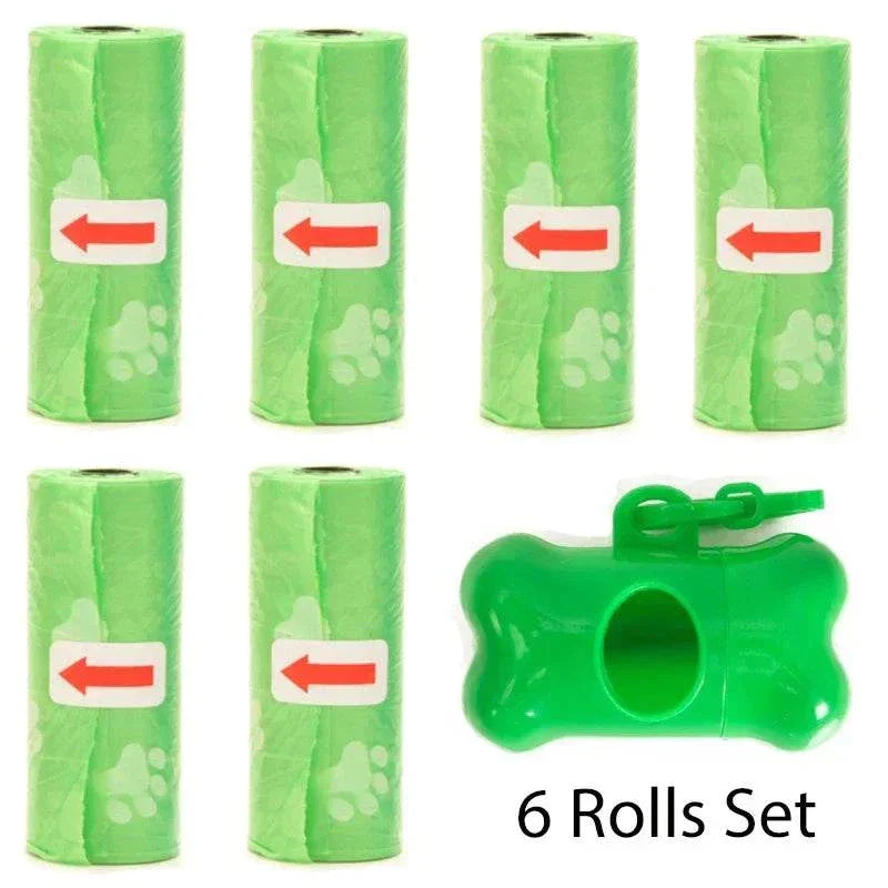 Green biodegradable pet poop bags with bone-shaped dispenser and leash clip, 6 rolls set