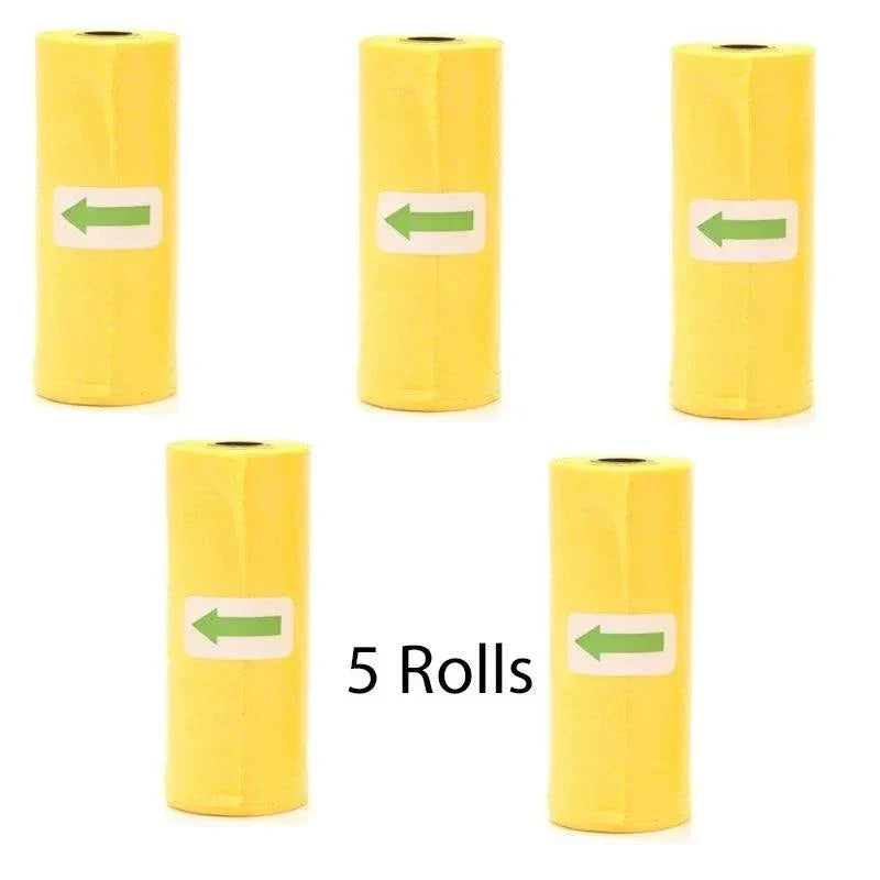 Set of 5 yellow pet poop bag rolls for dog waste cleanup