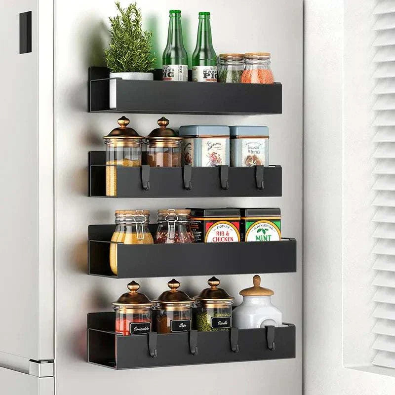 Magnetic Refrigerator Organizer side mounted adjustable stainless steel spice rack with hooks for condiments and utensils