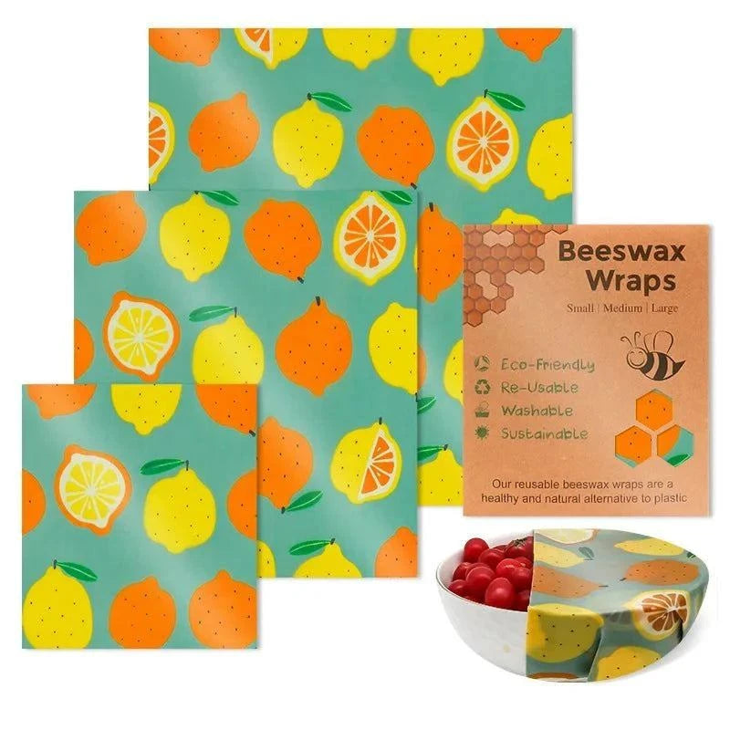 Reusable beeswax food wraps with lemon pattern, eco-friendly organic cotton wax cloth, washable and sustainable plastic wrap alternative set