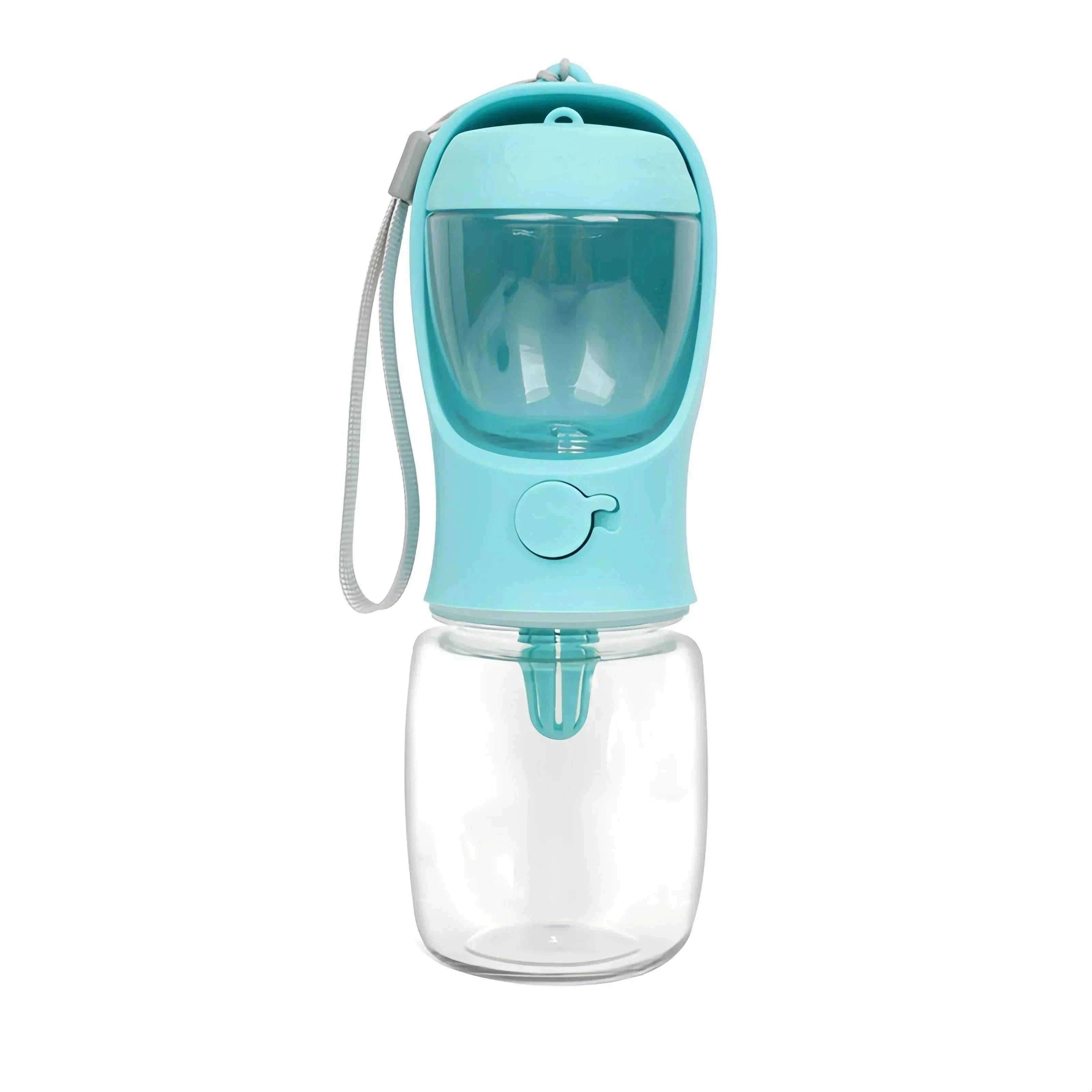 Portable dog cat water bottle with attached feeder bowl and food storage container for outdoor travel