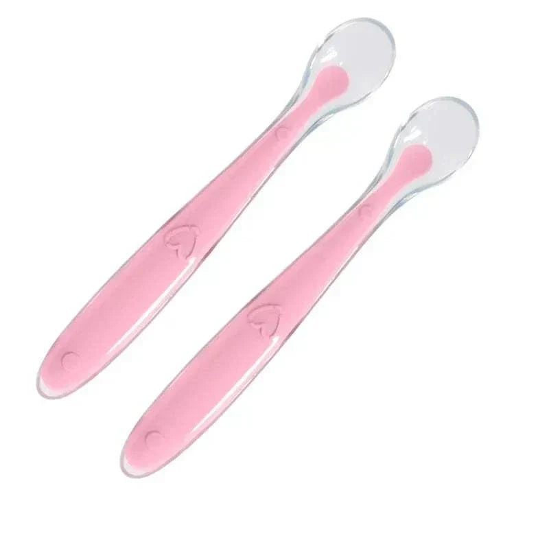 Pink silicone baby feeding spoons set of two BPA free soft safety utensils for infants and toddlers