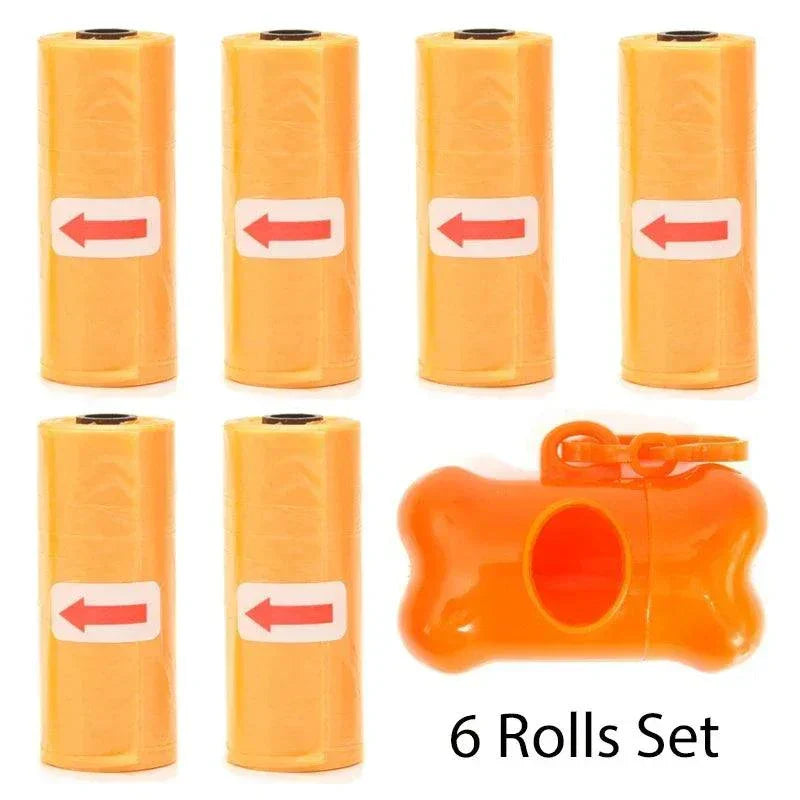 Set of 6 orange pet poop bag rolls with bone-shaped dispenser leash clip for dog waste cleanup