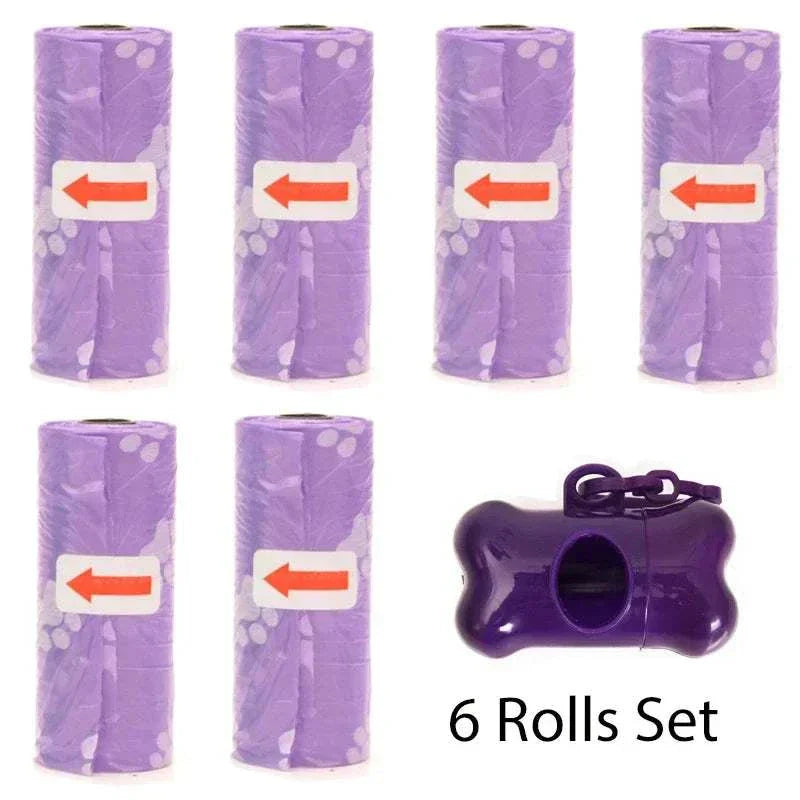 Purple biodegradable pet poop bags with bone-shaped dispenser and leash clip, 6 rolls set