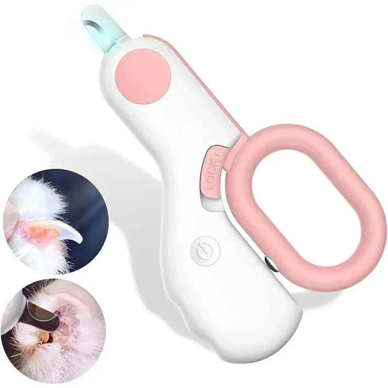 LED light pet nail clipper with safety lock and stainless steel blades for precise grooming of cats and dogs