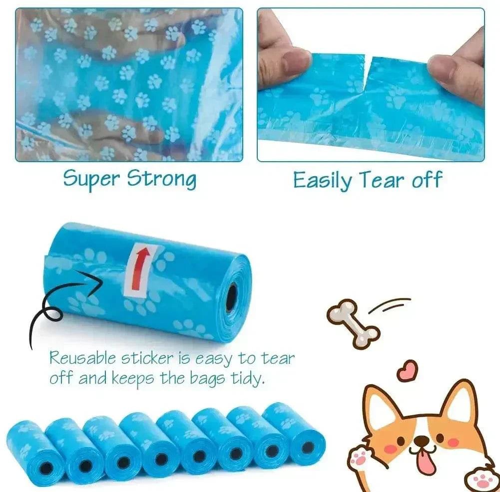 Blue pet poop bags with paw prints, super strong, easy tear-off, reusable sticker, 8 rolls for dog waste cleanup
