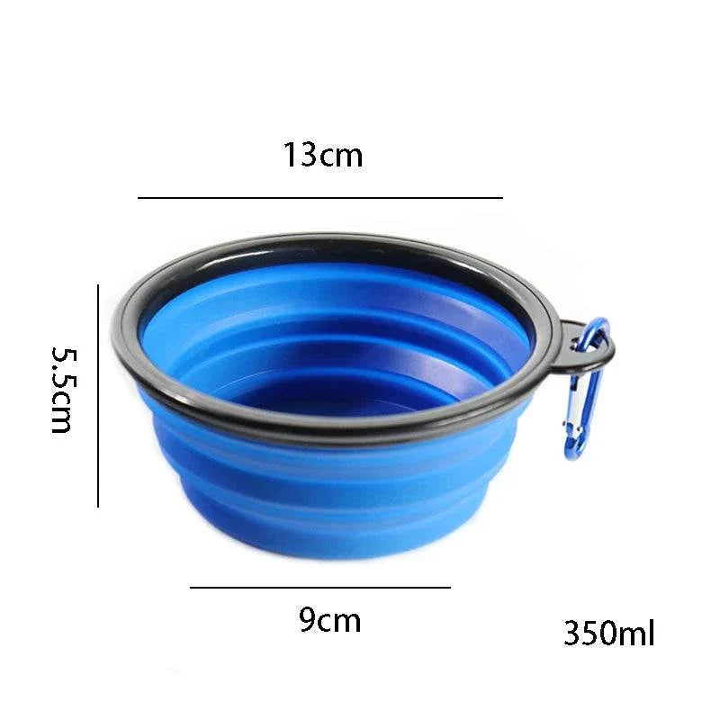 Collapsible blue pet dog bowl with carabiner, portable and foldable for travel and outdoor use, 350ml capacity