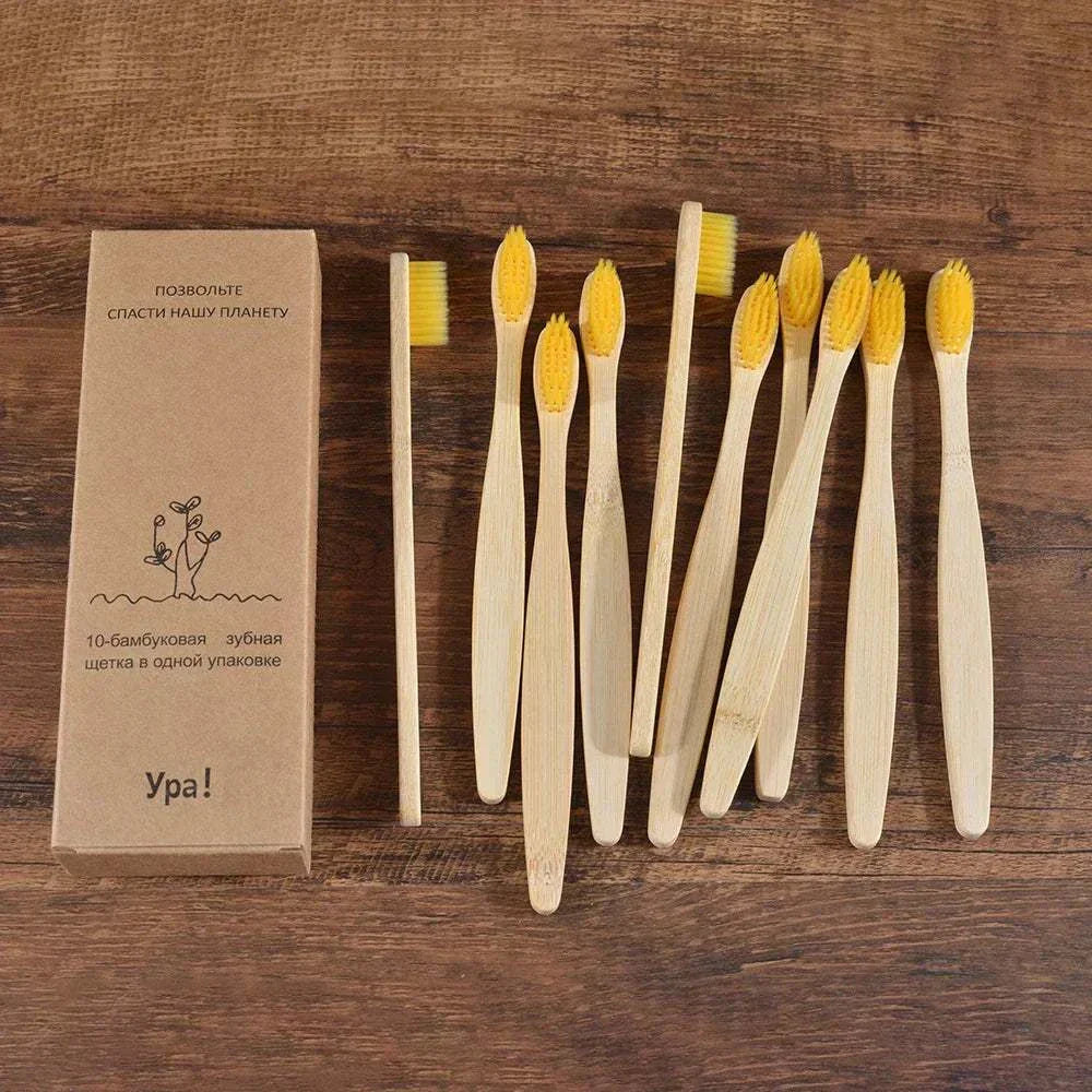 10-piece natural bamboo toothbrush set with black charcoal bristles for eco-friendly oral care