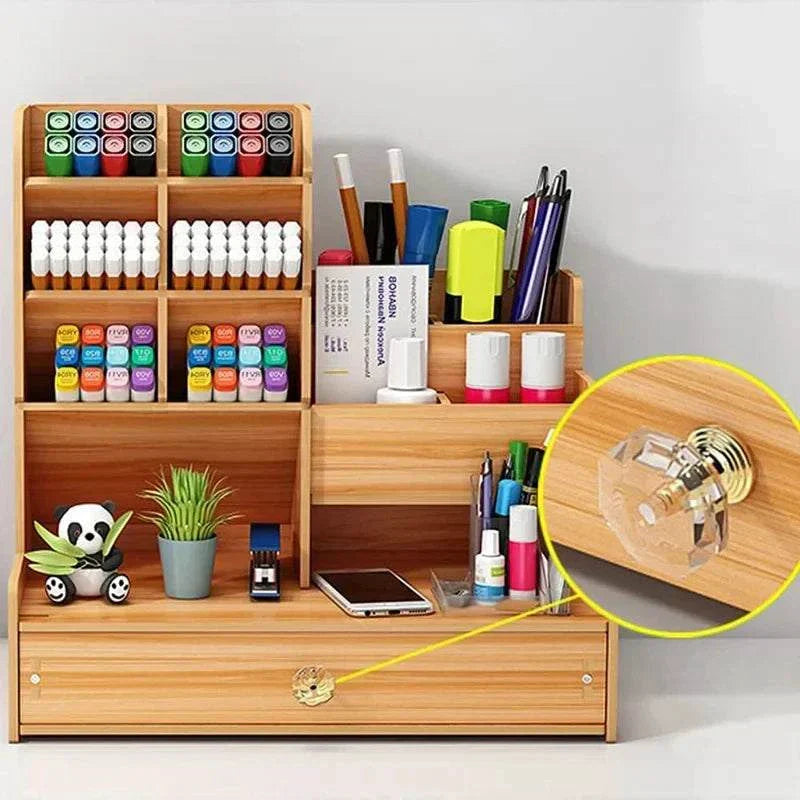 Wooden desk organiser with multiple compartments and pull-out drawer for stationery storage