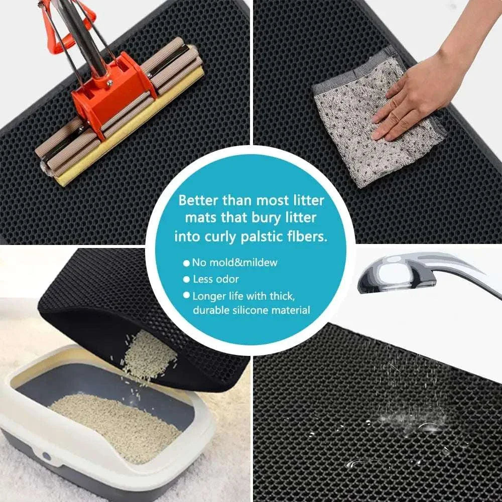 Double layer waterproof cat litter mat with honeycomb surface and anti-slip base to trap scattered litter and protect floors