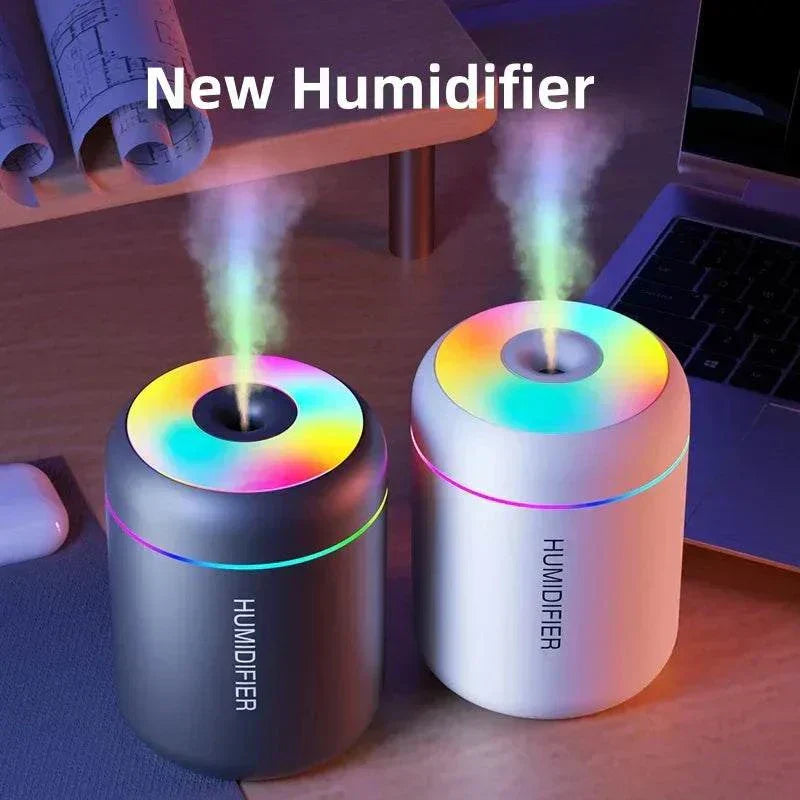 Compact mini air humidifier with USB power and soft LED light for aromatherapy and humidity control