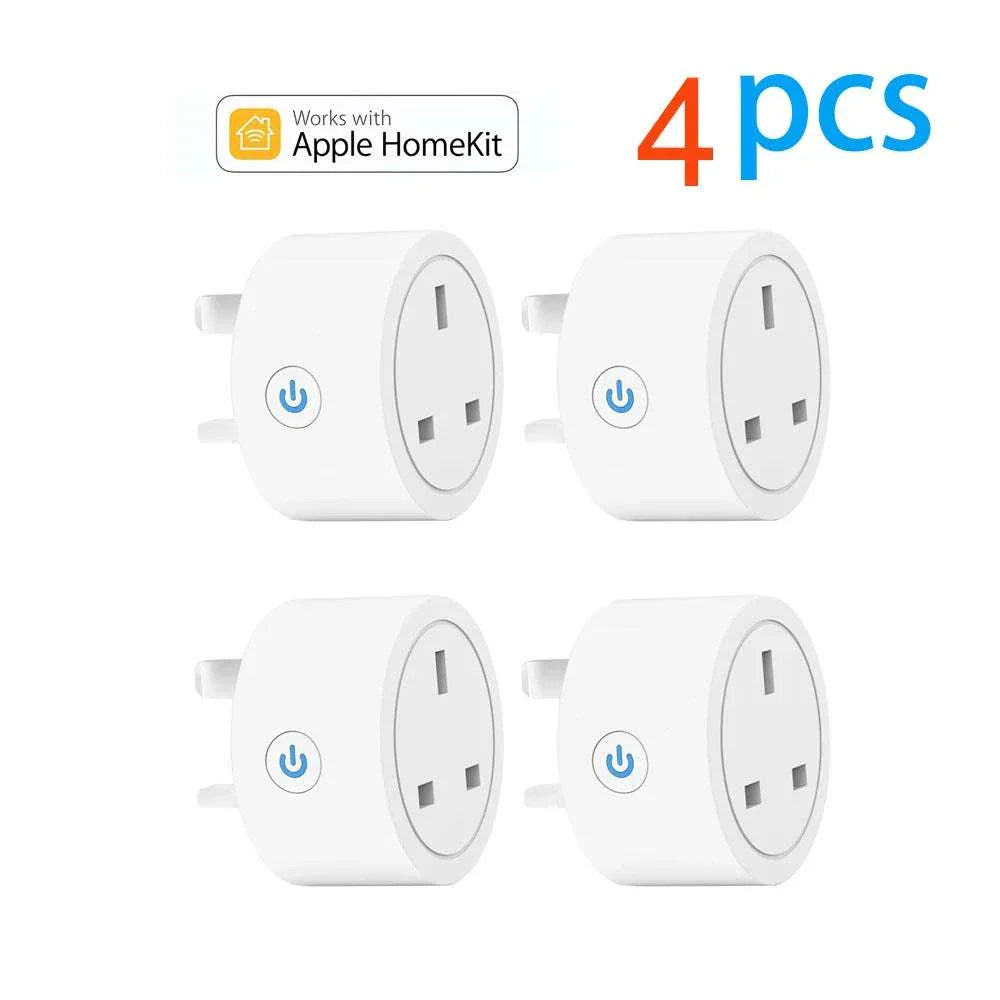 Set of 4 white 20A Tuya Smart Socket UK plug adapters with WiFi and Apple HomeKit compatibility