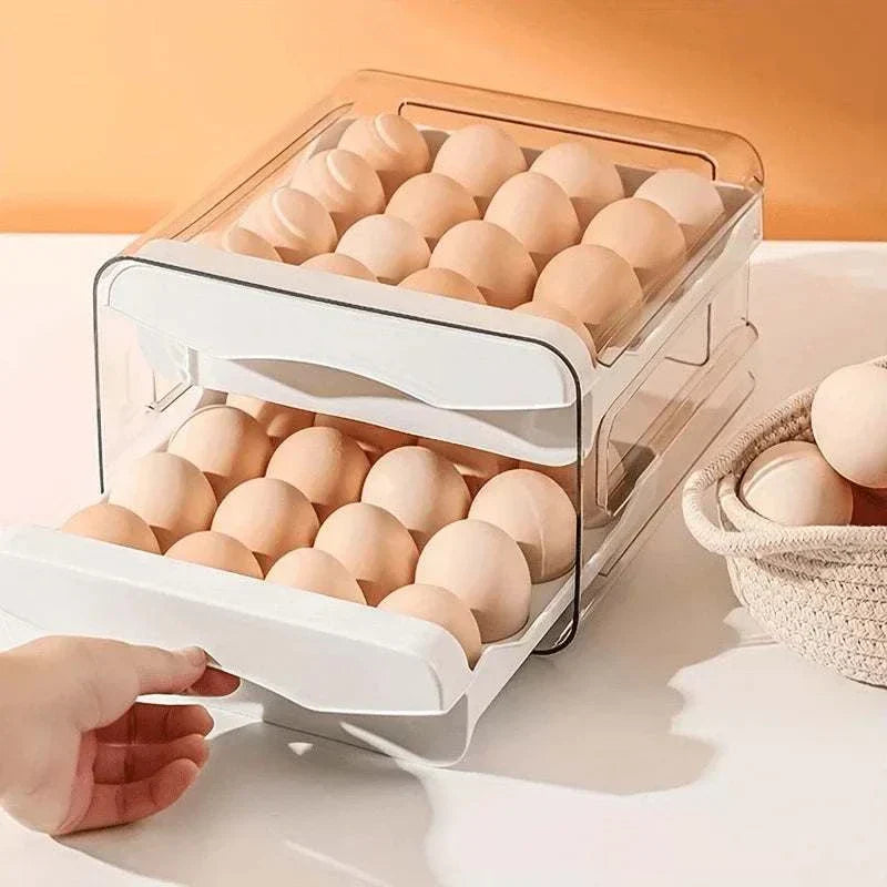 Clear double-layer kitchen egg storage box holding 32 eggs with secure grooved slots and stackable design