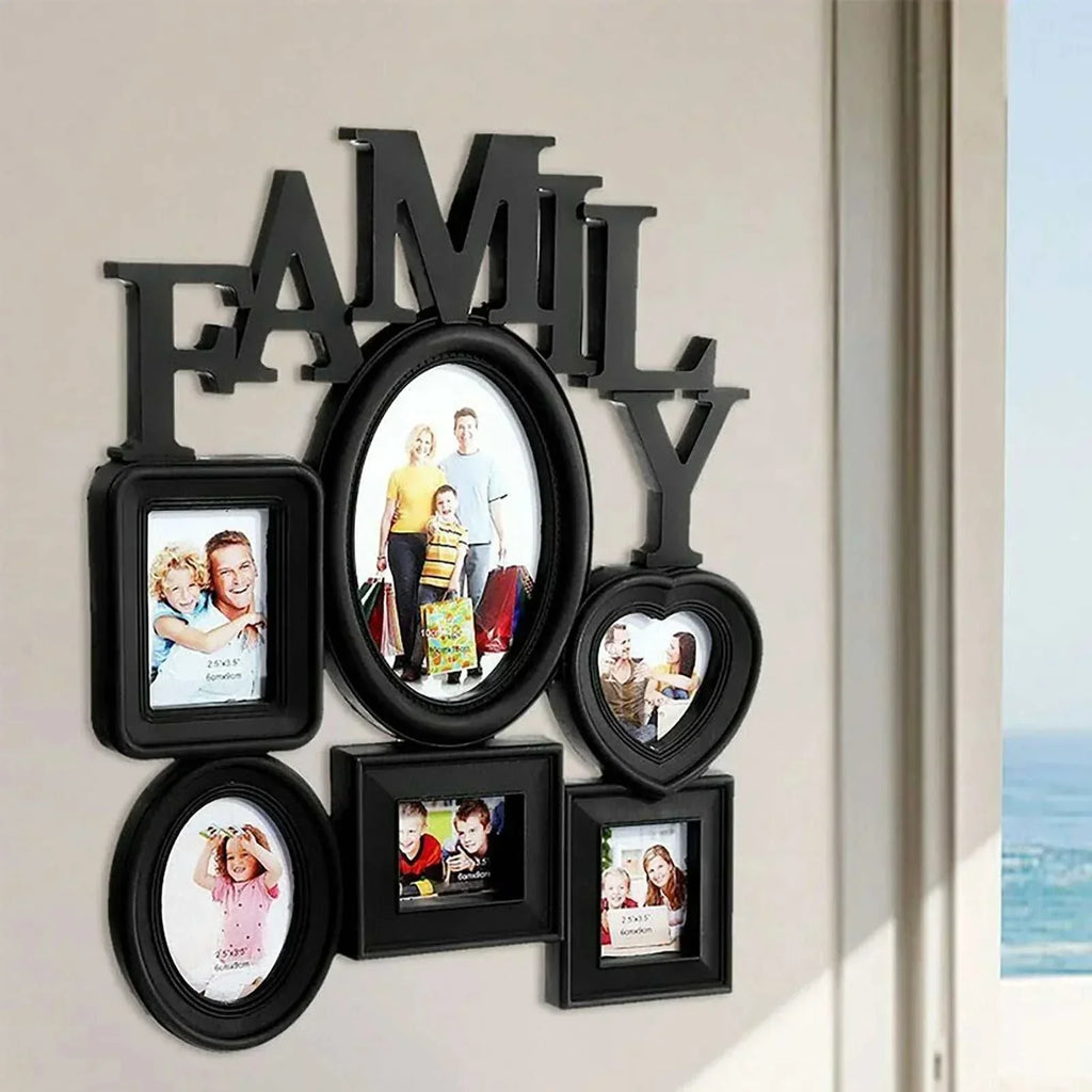 Modern minimalist family photo frame wall hanging displaying six pictures.