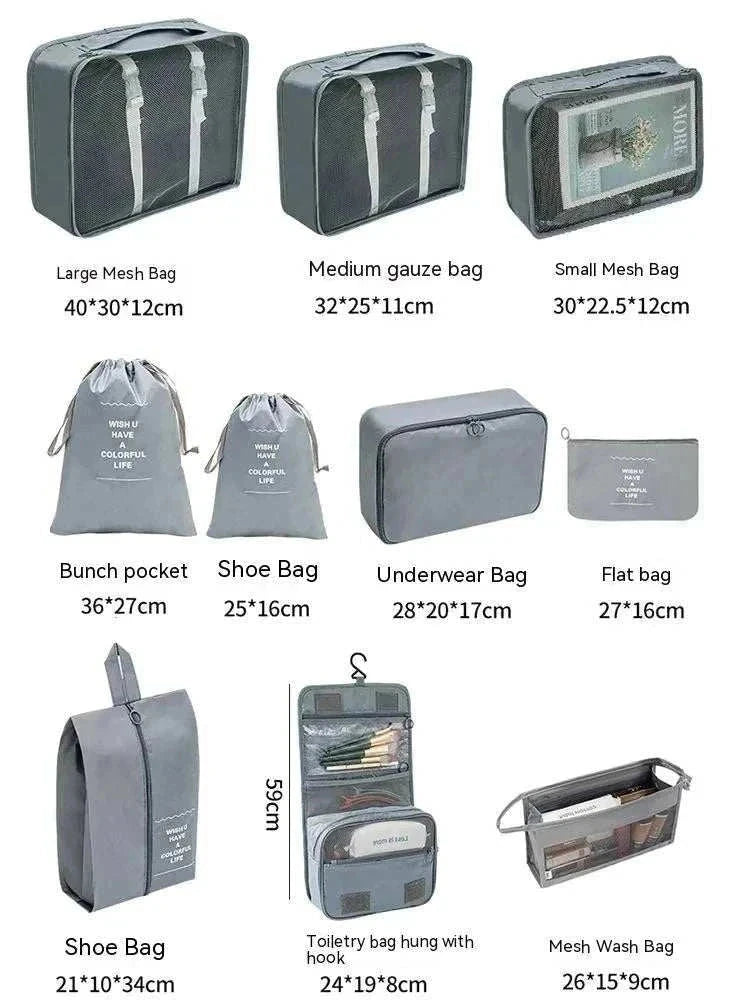 Set of lightweight, durable travel organizer storage bags in multiple sizes for luggage packing and organization